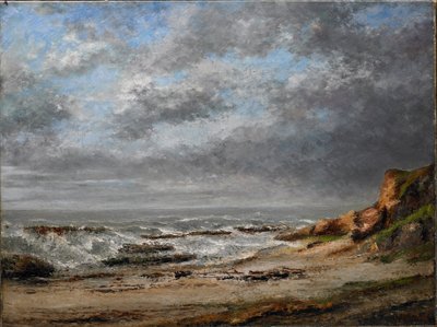 Uitzicht op een ruwe zee bij een klif door Gustave Courbet